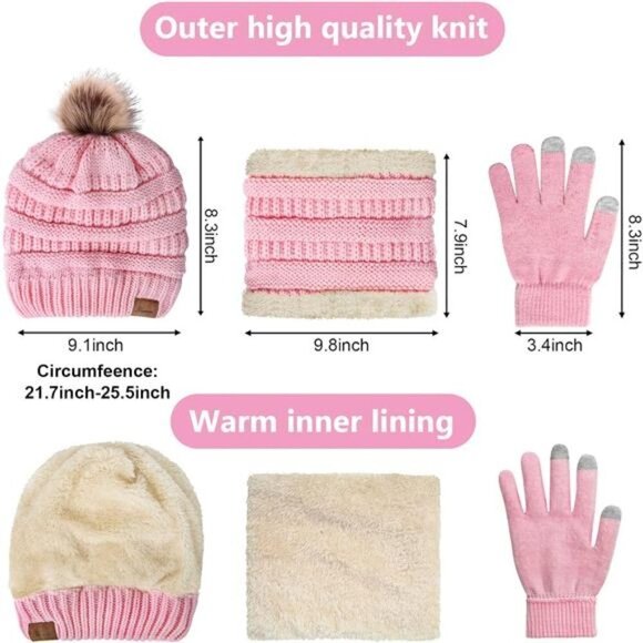 Winter Hat Scarf Touch Screen Gloves Set 3 Pcs Warm Knit Fleece Lined Beanie NEW - Picture 2 of 5